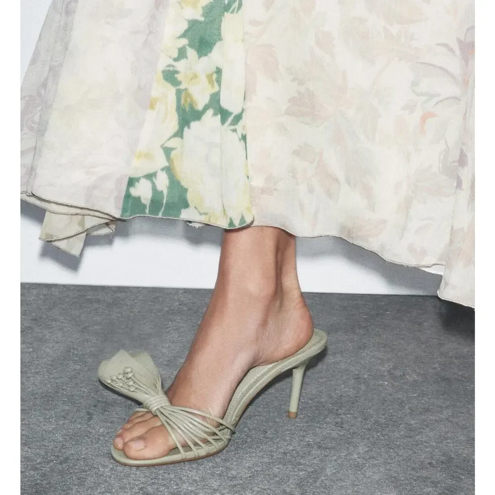 Zara NWT Sage Green Rosette Mule Heels Sandals 8